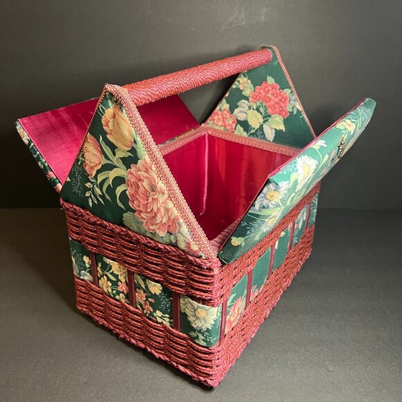 Vintage Burgundy & Green Floral Print Double Door Hinge Sewing Box w/ Handle - Picture 7 of 9